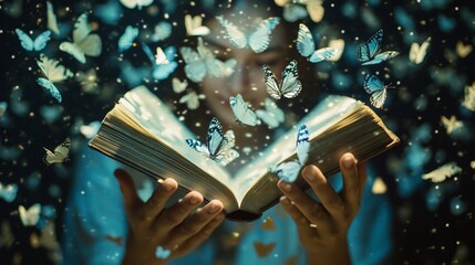 Magical transformation: butterflies emerge as woman reads enchanting book