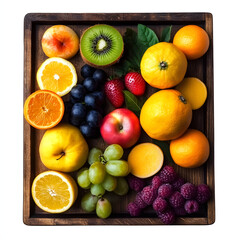 A vibrant assortment of fresh fruits including oranges, kiwi, grapes, strawberries, raspberries, s and a peach in a rustic wooden tray arrangement