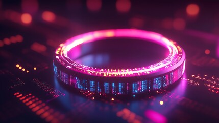 Futuristic glowing ring with digital code.