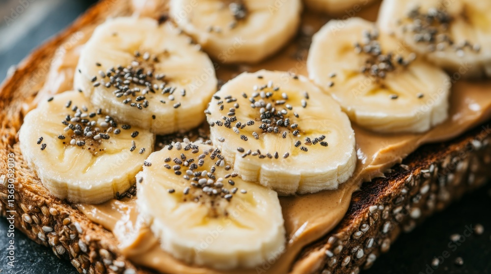 Poster A close-up of a slice of whole grain toast topped with peanut butter and banana slices, sprinkled with chia seeds, showcasing a nutritious snack option.