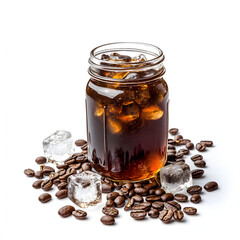 Vibrant cold brew coffee jar with ice cubes surrounded by fresh coffee beans on a clean white background perfect for summer beverage enjoyment and refreshment