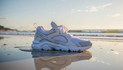 Obraz premium Sneakers resting on wet sand at the beach during sunset 