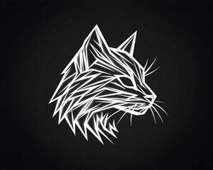 Obraz premium Geometric white cat head profile on black background
