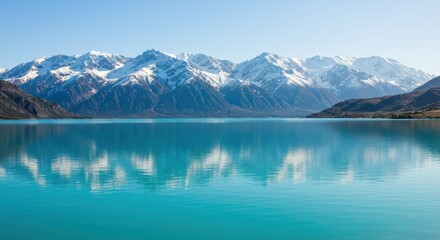Serene mountain lake reflecting snow-capped peaks under clear blue sky