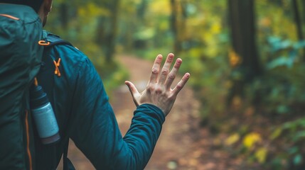 Young caucasian male hiker exploring forest trail with backpack and open hand gesture