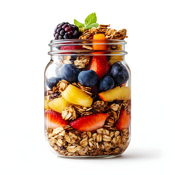 Vibrant mason jar dessert filled with granola, fresh strawberries, blueberries, pine chunks, blackberries and garnished with mint sprig on top