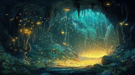Enchanting cave interior illuminated by bioluminescent fireflies.
