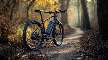 Fototapeta premium E-bike on autumn trail. Sunlight filters through trees
