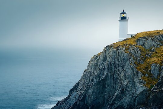 A solitary lighthouse on a rocky island, standing tall against the vast ocean