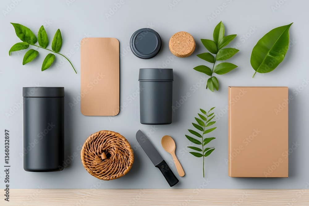 Aufkleber artfully composed flat lay highlighting an eclectic mix of storage containers textured cardboard int