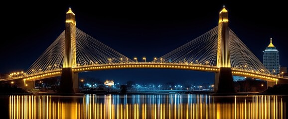 Fototapeta premium Illuminated cable-stayed bridge at night, reflecting in calm water. City lights in background