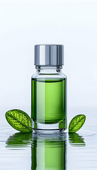 Glass bottle of green liquid with leaves reflecting on a surface