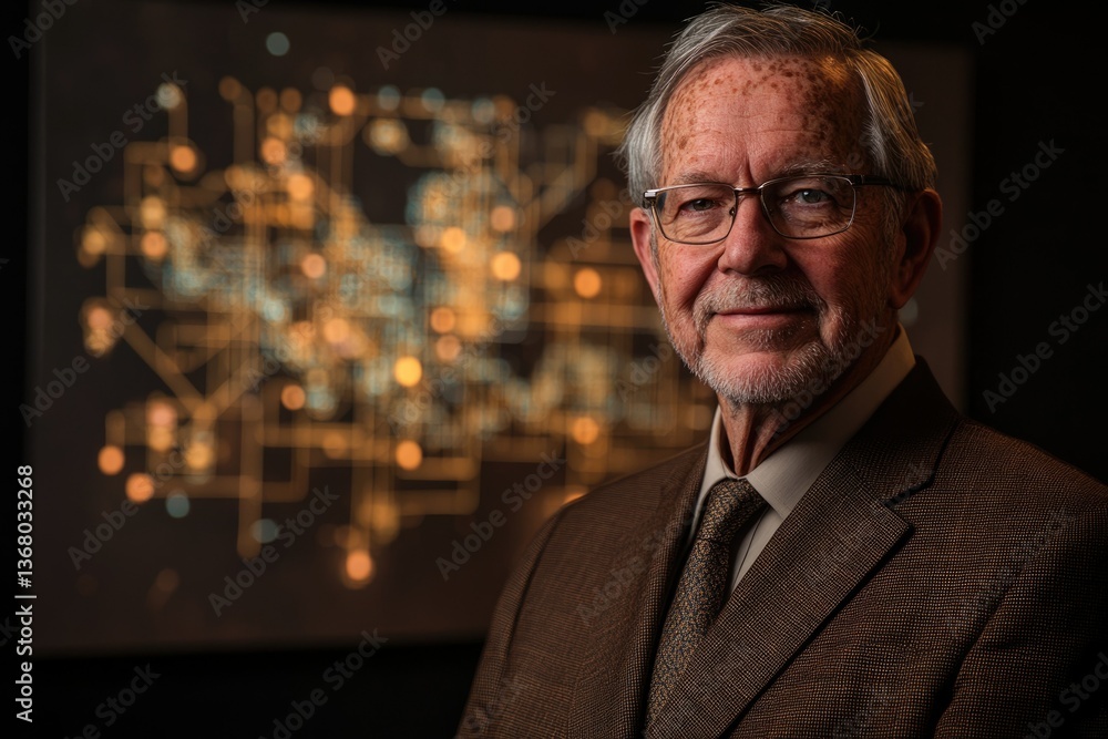 Poster portrait of a senior man in a brown suit against a backdrop of an abstract network graphic.
