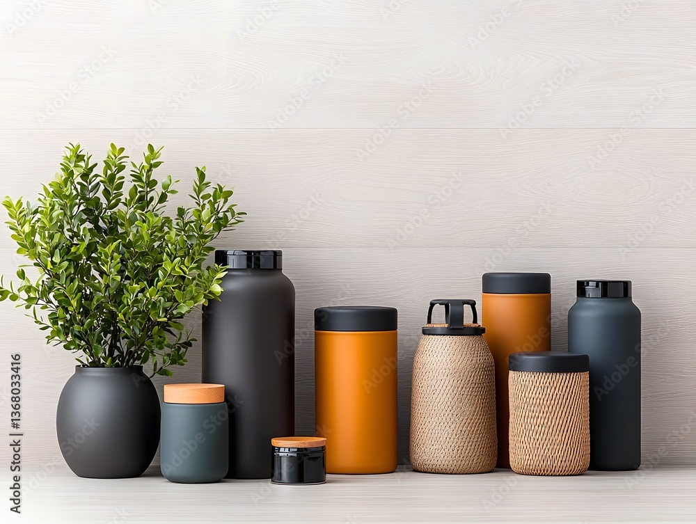 Poster assortment of cardboard wicker and metal containers precisely placed on a light wood background show