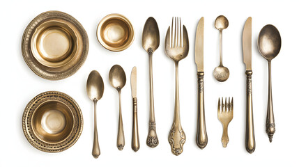 Vintage gold-toned dining accessories collection featu plates, bowls, spoons, forks, and knives beautifully arranged on a bright white backdrop for copy space