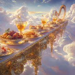 A divine banquet among the clouds where a radiant table glows with ethereal pastries, ambrosial drinks, and fruits kissed by the heavens.