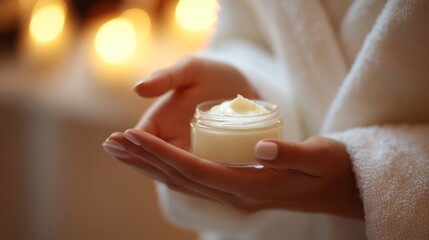 Female using moisturizing cream in spa-like setting