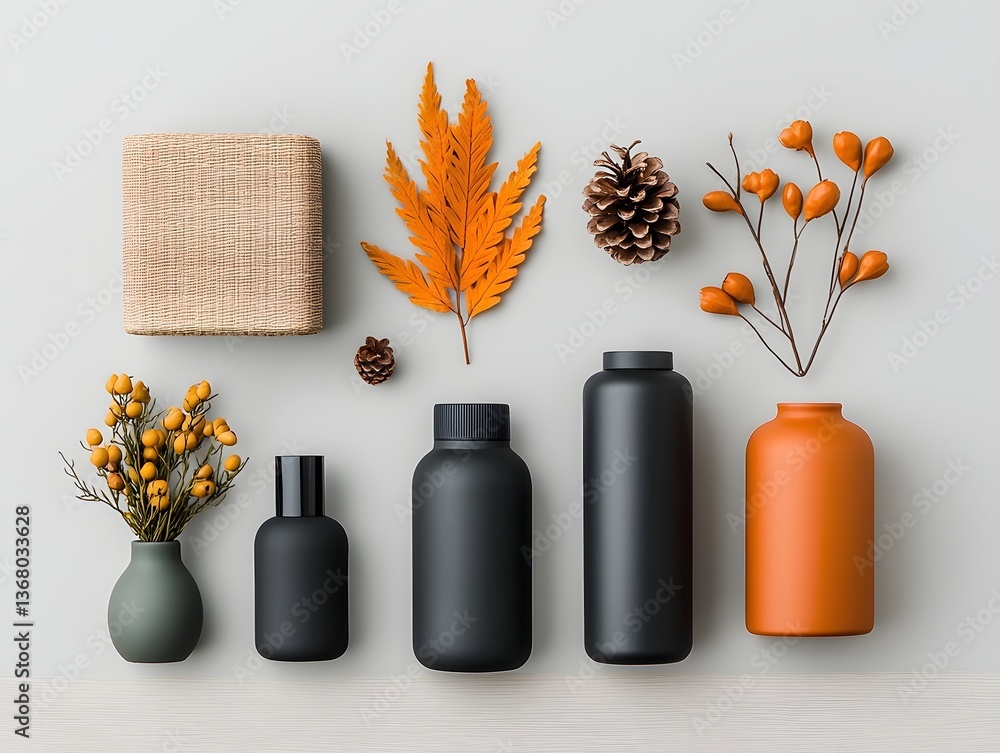 Poster assortment of diverse storage containers in flat lay arrangement with cardboard wicker and metal des