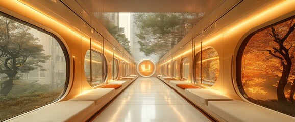 Serene indoor walkway with large oval windows showcasing seasonal foliage.  Illuminated walls and sleek design