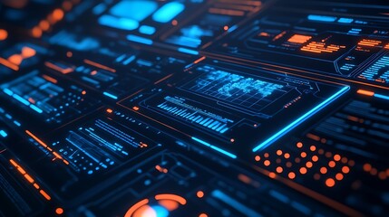 Futuristic digital interface with glowing elements.