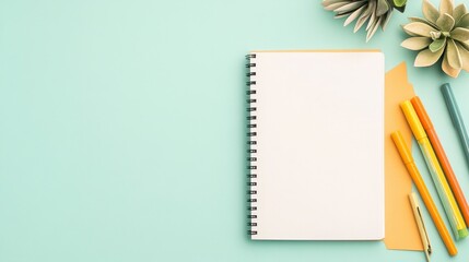 Blank notebook and colorful stationery on a mint green background, ideal for creative projects.