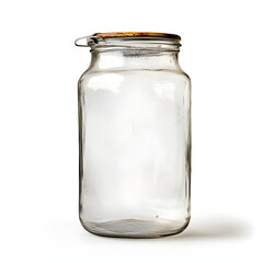Vintage empty glass jar with wooden lid and wire closure against a clean white backdrop ideal for showcasing text and design creativity needs.