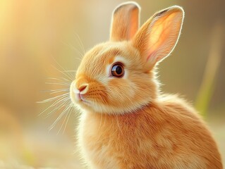 Fototapeta premium brown bunny with big shiny eyes and tilted ears, set against creamy beige background, radiating warmth and gentle innocence.