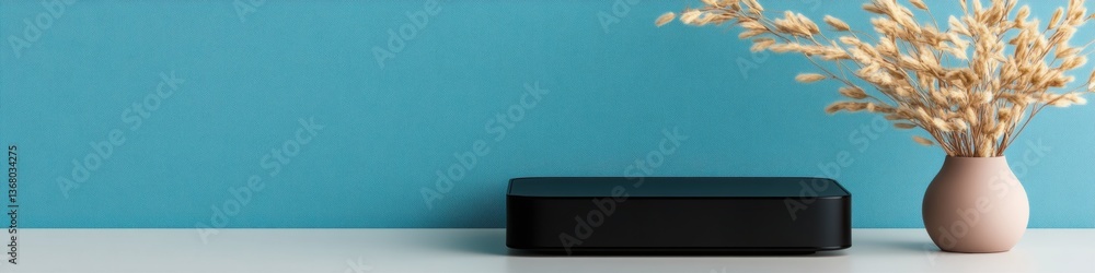Poster minimalist home office sanctuary sleek networking router with soft ceramic vase - digital connectivi