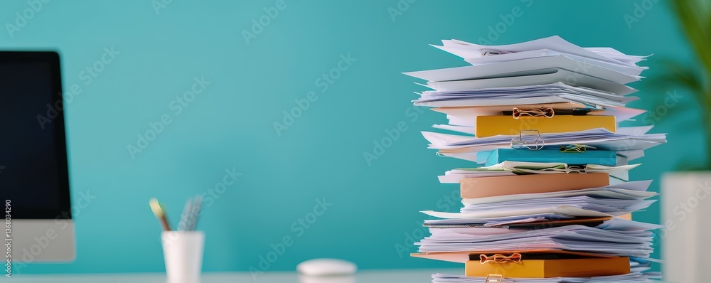Aufkleber a cluttered stack of papers sits on a desk, highlighting disorganization in a workspace with a teal 