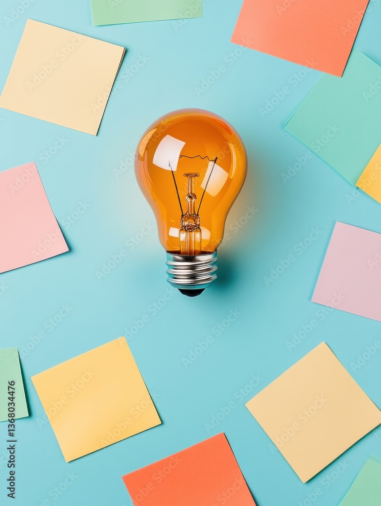 Aufkleber Innovative Brainstorming Concept Vibrant Creative Strategy Visualization with Illuminating Lightbulb and Pastel Sticky Notes - Modern Business Ideation Landscape
