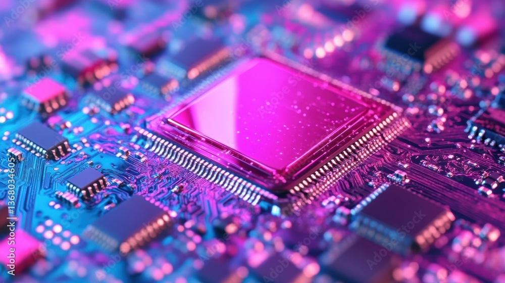 Poster Vibrant Quantum Computing Landscape Next-Gen Microchip Innovation in Neon Cyberpunk Aesthetic - AI-Driven Digital Transformation Visualization