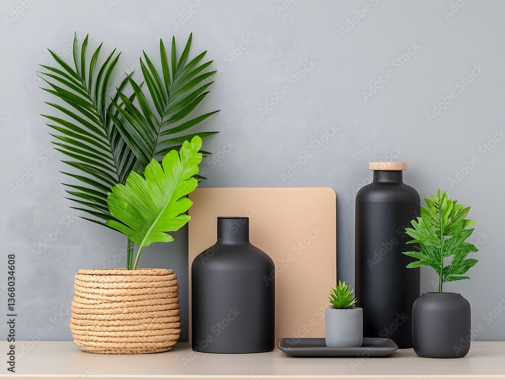 Aufkleber assortment of stylish storage containers cardboard boxes wicker baskets and metallic trays neatly ar