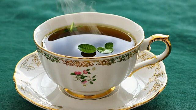 Elegant Tea Cup: Capturing the essence of a tranquil moment, a beautifully adorned teacup rests on its saucer, filled with steaming tea.