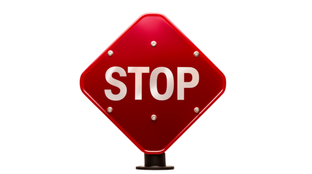 A red stop sign with white lettering on a black background