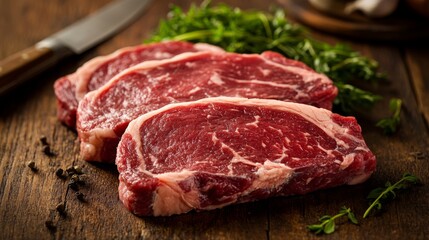 Fototapeta premium A close-up of premium beef cuts glistening with freshness, displayed on a rustic wooden table with a knife and herbs in the background for a home-cooked feel.