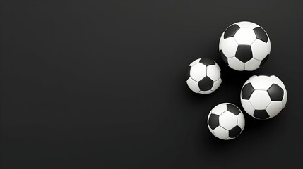 Fototapeta premium Four soccer balls on dark background, space for text