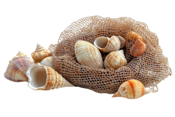 A treasured collection of seashells nestled in a weathered fishing net, evoking memories of sun-drenched beaches and salty ocean breezes. Soft, natural lighting highlights the intricate details.