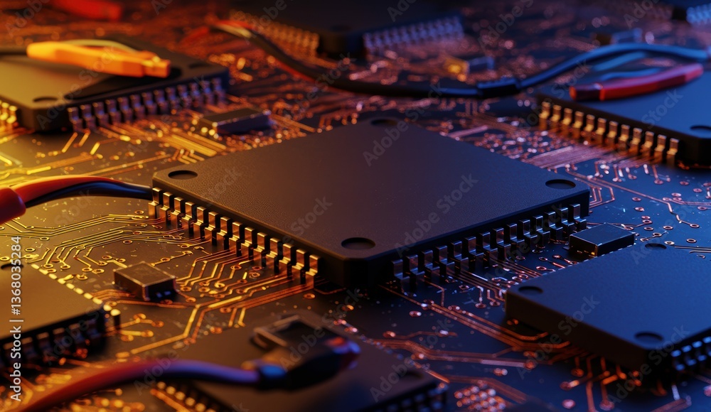 Poster close-up of circuit board with microchip and wires highlighting technology and innovation in electro