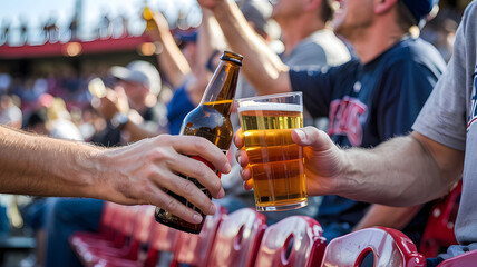 two baseball fan friends enjoying cold beers at a stadium