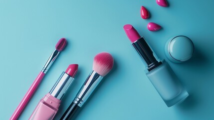 Beauty products makeup brush, lipstick, and nail polish on blue background