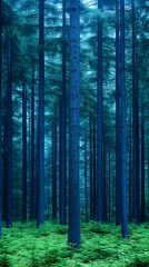 Fototapeta premium Eerie blue forest with tall, slender trees and vibrant green undergrowth