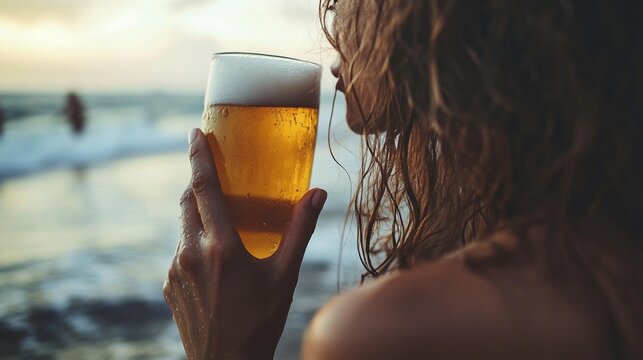 Young caucasian female enjoying beer by the beach at sunset