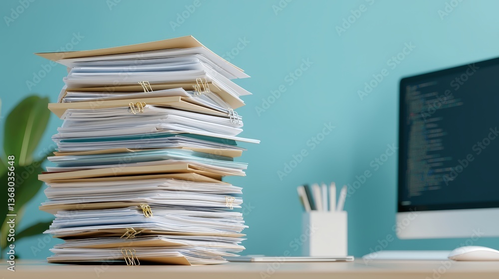 Poster a cluttered desk features a tall stack of paperwork beside a computer, representing disorganization 