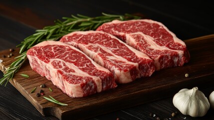 Fototapeta premium A close-up of vibrant red beef steaks, showcasing marbling and freshness, resting on a wooden cutting board with sprigs of rosemary and garlic cloves nearby.
