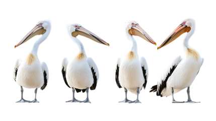 Pack Puffy Pelican set in Different Poses Against Transparent Background for Coastal Illustrations, Bird Art, or Wildlife Designs