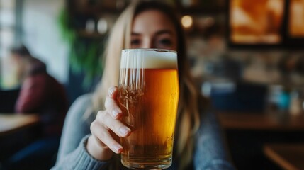 Young caucasian female holding pint of beer in cozy pub setting