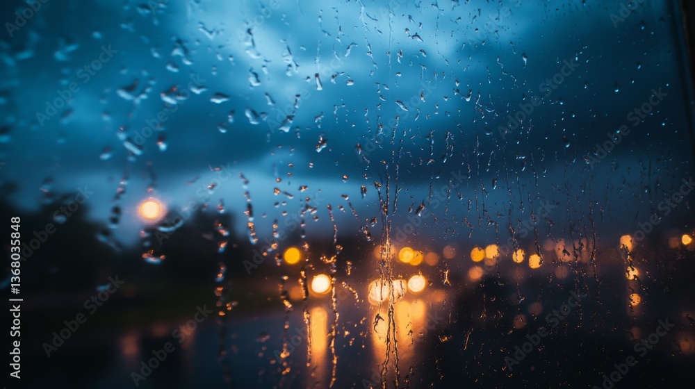 Poster A close-up shot of a window pane with raindrops and streaks of lightning visible outside, emphasizing the storms ferocity and the safety of the indoor environment.