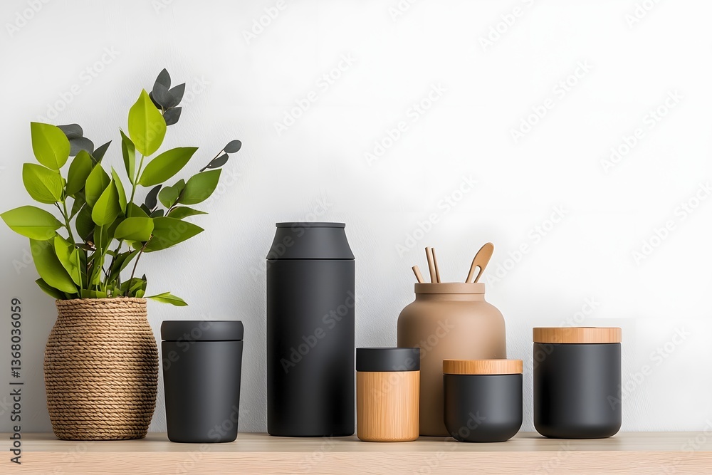 Poster cardboard wicker and metal storage containers in a variety of shapes and sizes neatly arranged on a 