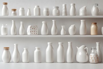 A Still Life of White Dairy Containers on Shelves
