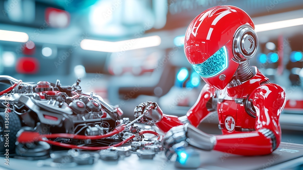 Poster a man in a red jumpsuit is working on a machine with a blue and green part